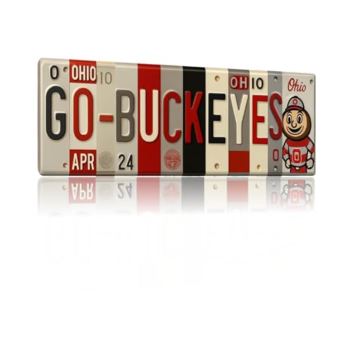 Ohio State Buckeyes Go Buckeyes License Plate Sign - Metal Wall Art 16x6 Inch Aluminum - Scarlet Gray - Big Ten Fan Cave Dorm Decor - UV-Resistant Ready to Hang College Wall Sign