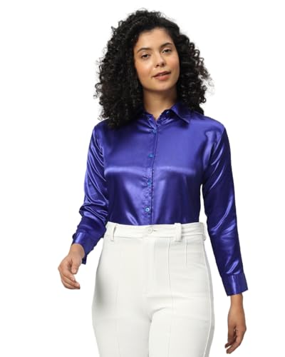 FUNDAY FASHION Women Solid Formal Satin Regular Fit Shirt (in, Alpha, S, Regular, Royal Blue)