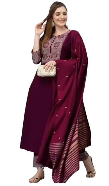 aurbhi Aurbhai Women's Embroidered Kurta Set with Dupatta, Maroon, Ethnic Wear, 3-Piece Suit-picture-23