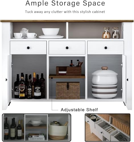 4ever2buy Farmhouse Coffee Bar Cabinet with Storage, 47 Inch Coffee Bar with 3 Drawers & 2 Doors, White Buffet Cabinet with Open Shelf, Kitchen Coffee Bar Cabinet for Living Dining Room