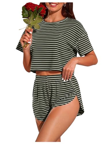 Image of OYOANGLE Womens Pajama Sets 2 Piece Sexy Lounge Sets Summer Cute Pjs Striped Print Tee and Side Split Shorts Set