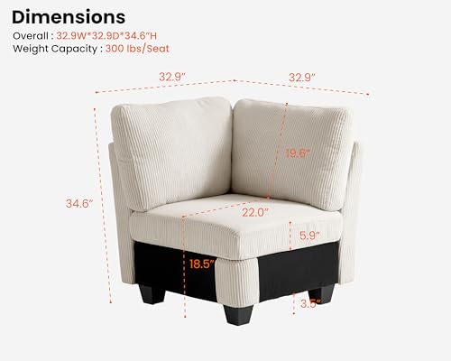 Image of CHIC HOUSE Middle Module for Modular Couch, Corduroy Customizable Chaise, Storage Ottoman for Sectional Sofa, Armrest, Single /Double Seater
