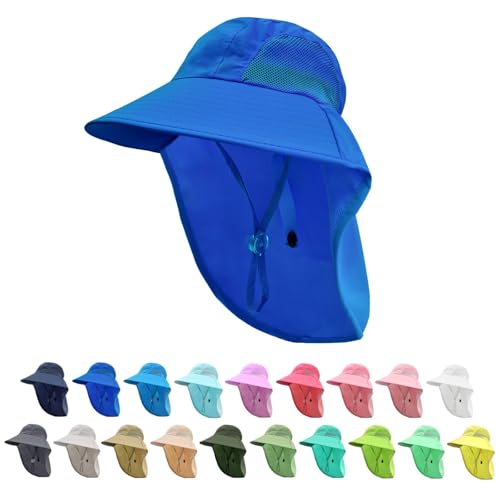 Image of Rosoz Kids Sun Hat with Neck Flap UV Protection Summer Toddler Beach Hat Unisex Ponytail Hat Wide Brim Fishing Hat