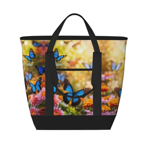 blue butterfly and Flowers Print Tote Bag Adult Heavy Duty For Picnic Beach Camping Large Capacity Insulated Tote Bag