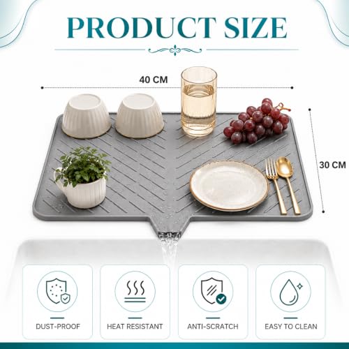 Image of CooRug Silicone Dish Drying Mat for Kitchen - Built-in Drain Lip | Hygienic Drying Pad - Sturdy Compact Easy to Clean Tray Protects Surfaces Prevents Water Build Up - 40 X 30 Cm (Grey)
