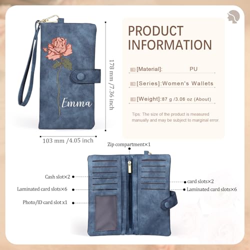 Personalized Wallet for Women, Custom Birth Flower & Name Detachable Leather Wristlet, Stylish Card Holder Purse with Zipper Large Capacity Wallet Mother's Day Gifts for Mom (Sapphire)3