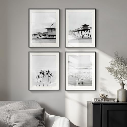 Framed Black and White Beach Wall Art, 4 Piece Coastal Photography Canvas Artworks, Ocean Wave Palm Tree Seascape Picture Prints for Living Room Bedroom Bathroom Hallway Office Wall Decor, 11x14 Inch - Image 2