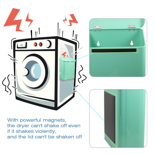 Picowe Magnetic Laundry Storage, Large Metal Lint Holder Bin with Lid for Laundry Room, Space-Saving Trash Container Hanging on Dryer, Washer or Wall Mount Trash Bin (Green)