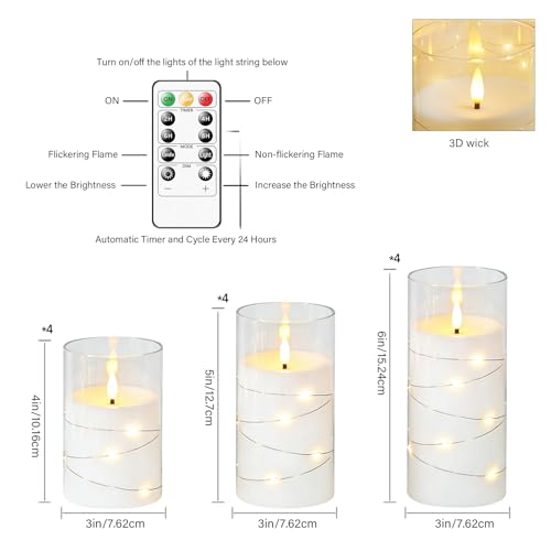 Image of kakoya Flameless LED Candles with Timer 12 Pc Flickering Flameless Candles for Romantic Ambiance and Home Decoration Stable Acrylic Shell,with Embedded Star String,Battery Operated Candles(White)