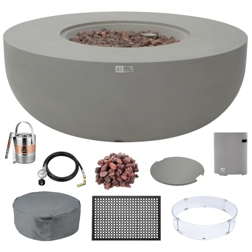 Image of AMS Creations | Eclipse 44 inch Bundle Round Cast Concrete Propane Gas Fire Pit Bowl Table | Light Gray | Smooth Texture Surface | Electronic Ignition | Outdoor Patio Heater Outside Backyard Fireplace