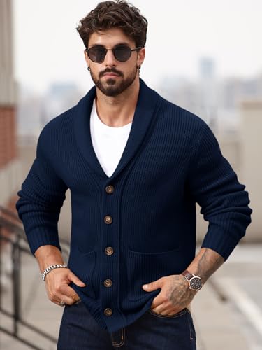 Runcati Mens Shawl Collar Cardigan Sweater Button Down Ribbed Knit Sweaters Chunky Casual Cardigan with Pockets2