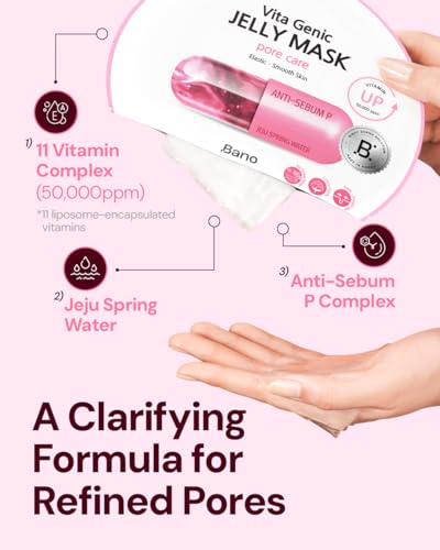 Bano Vita Genic Jelly Face Pore Care Mask 10EA – Hydrating Sheet Mask for Sensitive Skin, Korean Glass Skin Care with Spring Water, Vitamin C and Niacinamide, Sebum Control, Fragrance-Free