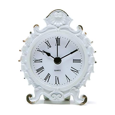 NIKKY HOME Baroque Pewter Quartz Round Table Clock 8 x 3.5 x 9.9 CM, White Cover