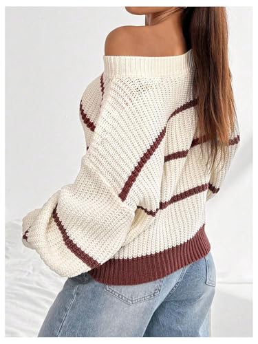 Verdusa Women's Striped Oversized Off The Shoulder Sweater Long Sleeve Pullover Knit Tops Fall Clothes2