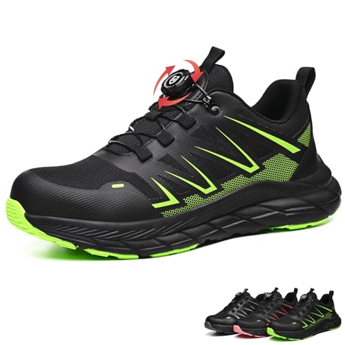 UnPtios Arbeitsschuhe Herren Sicherheitsschuhe Damen Leicht Stahlkappenschuhe Sportlich Atmungsaktiv Schnellverschluss Selbsthemmend Safety Shoes for Men，Grün, 43EU