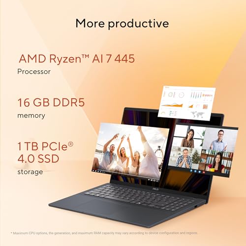 Image of ASUS Vivobook 16 Laptop - Copilot+ PC - 16 inch WUXGA 1920X1200 16:10 Display - AMD Ryzen AI 7 445-16GB RAM - 1TB SSD - Windows 11 Home - Quiet Blue -M1607GA-DS76