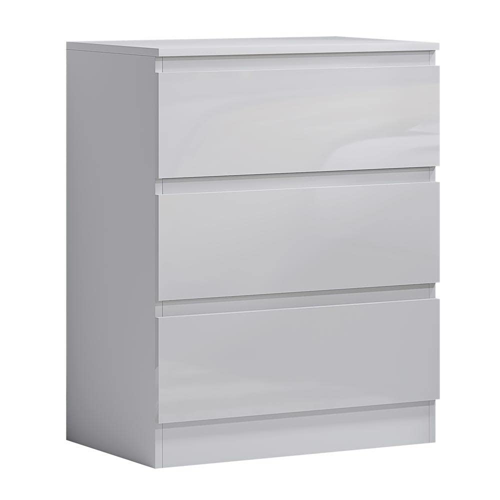 FWStyle Modern Bedroom Furniture Chest of Drawers, Large 3 Drawer Chest, Matt White with White Gloss Drawer Fronts