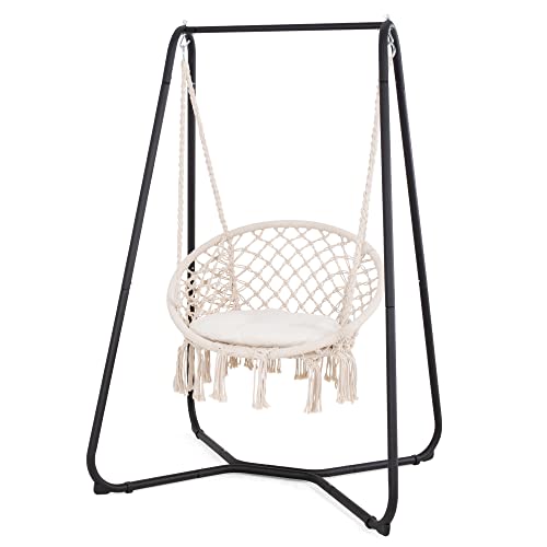 Suncreat Patio Swing Chair With Stand And Cushion, Heavy Duty Hanging Chair With Stand For Bedroom, 330 Lbs Capacity, Patent Pending, Beige #TOP7