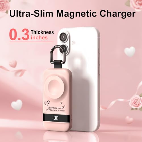 Image of 5W Fast Portable Charger for Apple Watch, 2500mAh & Digital Display - Magnetic Fast Charging iWatch Charger for Travel - for Apple Watch Series (Pink-Mom)