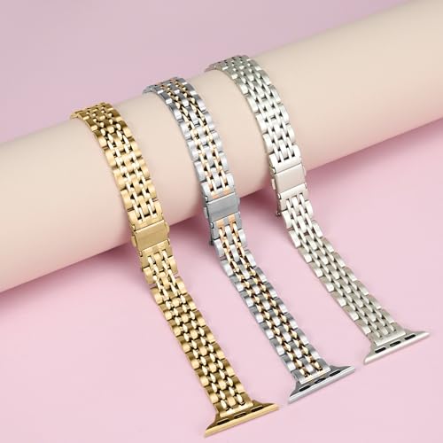 Image of Anlinser Metal Bands Compatible with Apple Watch Band for Women 49 /46 /45 /44 /42 /41 /40 /38mm, Thin Band Designed for iWatch Ultra 3-1 Series 11 10 9 8 7 6 5 4-1 SE (49 /46 /45 /44 /42mm, Silver-Rose Gold)