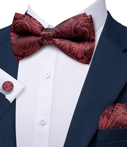 Image of Barry.Wang Paisley Striped Bow Tie for Men Silk Pre-Tied Bowtie Pocket Square Cufflinks Set Formal Wedding Party Prom