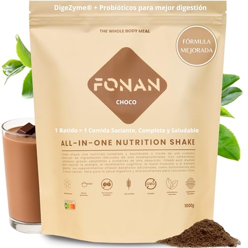 FONAN Batidos Sustitutivos de Comida y Desayuno con Enzimas DigeZyme y Probioticos - Batidos Saciantes Completos y Sanos con Proteina, Carbohidratos, Vitaminas, Minerales y Superalimentos CHOCOLATE