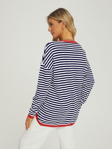Lillusory Womens Striped Henley Sweater Long Sleeve Shirt Oversized Knit Trendy Pullover Top Fall Fashion Clothes 2024 Red-Striped Royal Medium thumb #3