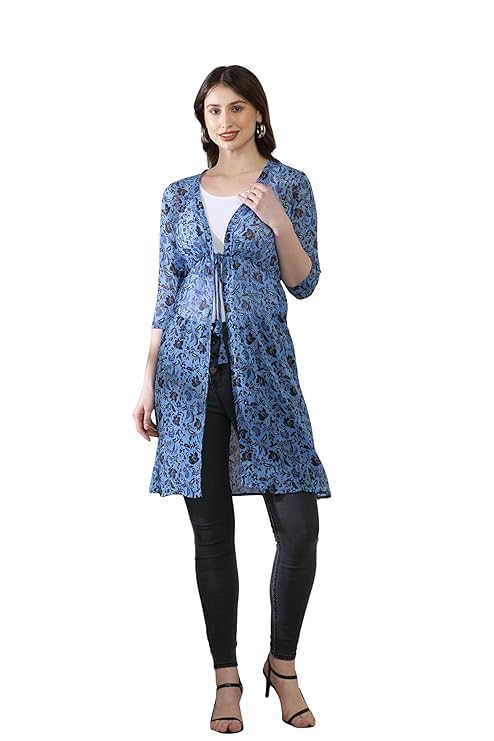 Women's Chiffon Printed Long Shrug | Open Front Lightweight | 3/4th Sleeve Stylish Cover-Up | Trendy Casual Shrug for Dresses, Tops & Kurtis | Elegant Layering-image-5