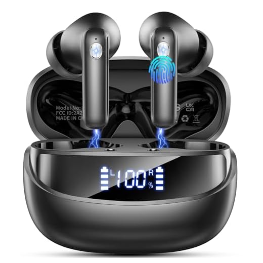 Cuffie Bluetooth, Auricolari Bluetooth 5.4 con 4 HD Mic, 2024 Cuffiette Bluetooth Stereo HiFi, 45 Ore Cuffie Wireless In Ear con LED Display, ENC Cancellazione Rumore, IP7 Impermeabili, Touch Control