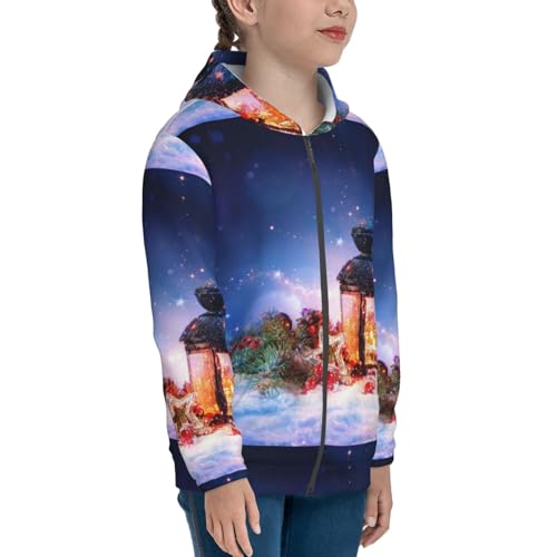 Lantern On Snow With Christmas Kids Pullover Hoodies Boys Zip Up Sweatshirts Girls Athletic Clothes with Pocket4