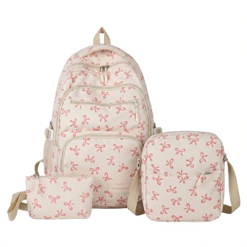 Conjunto de mochila Bow, 3 peças artísticas de grande capacidade, bolsas de viagem casuais com lancheira e estojo (rosa