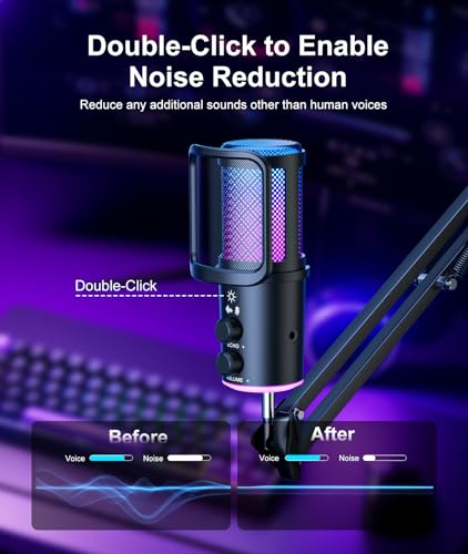 Image of Gaming USB Microphone Kit with Boom Arm - RGB Condenser Mic with Noise Cancellation, Mute Button Reverb Adjustment, Monitoring for Streaming, Podcasting, Discord, YouTube