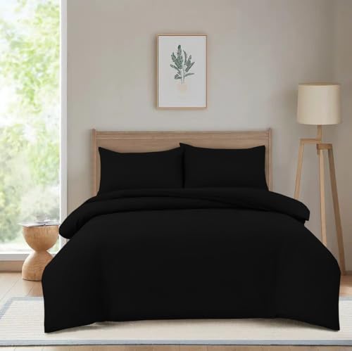Hadi London Parure de lit en microfibre brossée douce et respirante avec housse de couette et 2 taies d'oreiller assorties (noir, simple)