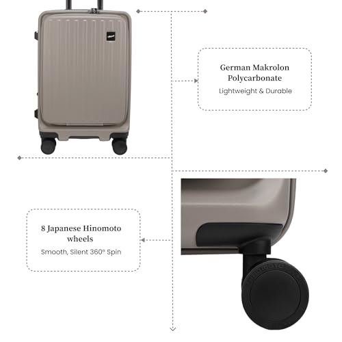 Image of F Gear Montreal Small Cabin Pro 54cm German Polycarbonate Hard Luggage |8 Japanese Hinomoto Silent Wheels|USB & Type-C Charging, Phone Stand & Cup Holder | Front Opening Suitcase for Travel|Taupe