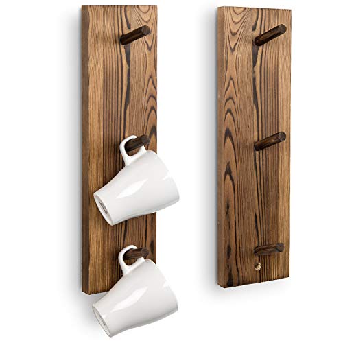 Mygift Wall Mounted Wooden Mug Rack - 3 Hook Rustic Burnt Wood Teacup Mug Storage Organizer, Set Of 2 #TOP14