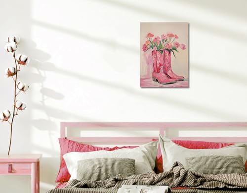 Image of Julaydi Floral Cowgirl Boots Wall Art Pink Cowboy Boots with Flower Painting Western Aesthetic Canvas Prints Poster Trendy Preppy Girls Room Decor Picture for Living Room Bedroom Dorm 12x16in Framed