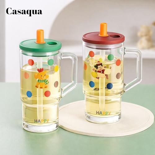 Image of Cute Dog Print Glass Tumbler with Handle, Lid & Straw - 620ml, Set of 1, Glass Sipper Cup for Kids & Adults, Drinking Mug for Water, Juice, Milk, Iced Coffee, Tea, Travel Cup (Random Color)
