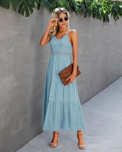 Image of Dokuritu Women's Beach Crochet Lace Maxi Dress Solid Color Summer Vacation Wedding Guest Spaghetti Strap Long Dress