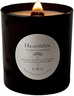 Hearthfire - Sandalwood Scented Soy Candle Infused w/Natural Oils w/ Wood Wick- Dark Sweet Creamy Aromatherapy - Hand Poured in The USA in Glossy Black Jar w/ Lid