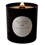 Hearthfire - Sandalwood Scented Soy Candle Infused w/Natural Oils w/Wood Wick- Smoky, Dark Sweet Creamy Aromatherapy - Made in The USA in Glossy Black Jar - for Sympathy, Men, & Women