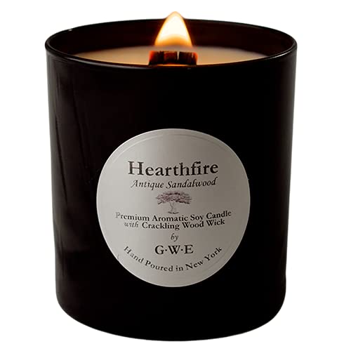 Hearthfire - Sandalwood Scented Soy Candle Infused W/Natural Oils W/ Wood Wick- Dark Sweet Creamy Aromatherapy - Hand Poured In The Usa In Glossy Black Jar W/ Lid #TOP20