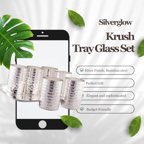 Image of Silverglow Krush Tray Glass Set | Silver Plated Glass Set of 6 with Tray | Juice, Water, Beverages Serving Set | Tableware Set | Perfect Diwali, Office, Wedding Return Gift Item