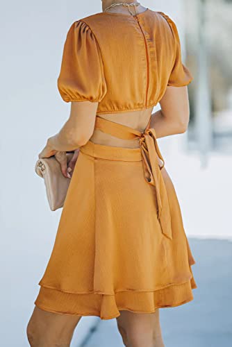Women Summer Dresses Crew Neck Short Lantern Sleeve Cutout Crossover Waist Tie Back Casual Party A-Line Mini Dress Yellow #TOP2
