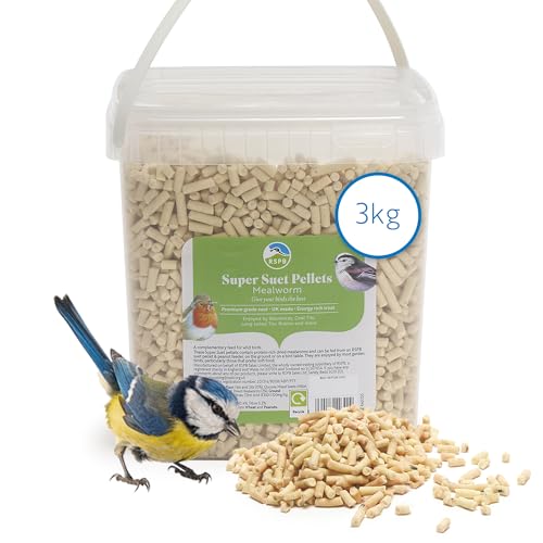 RSPB - Super Suet Pellets Wild Bird Food for Small Birds Robins and Common Garden Breeds High Energy and Protein with Mealworms Suitable for Year-Round Feeding Made in the UK (3kg Tub)
