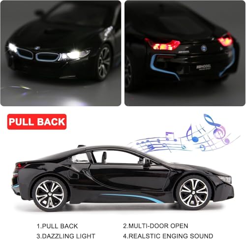 Image of AEXONIZ BMW i8 Die-Cast Model Car for Kids 1:24 Scale with Openable Doors & Pull-Back Action,Premium Toy Gift,Luxury car Toy for Kids(Black-Pack of 1)