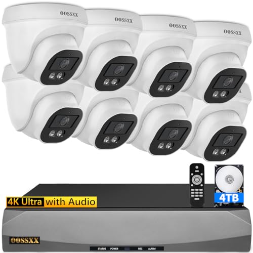 OOSSXX (4K/8.0 Megapixel & 130° Ultra Wide-Angle) with Audio PoE Dome Outdoor Home Security Camera System, Wired Outdoor Surveillance IP Cameras System