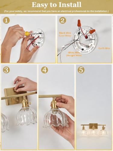 Image of 3-Light Vintage Bathroom Vanity Light, 19.4 inch Brass Hardwired Wall Sconce with Amber Tulip Glass Shades, Brushed Gold Vanity Light for Mirror, Restroom, Bedroom (Clear, 3-Light)