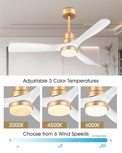 Image of White and Gold Ceiling Fans with Lights and Remote, 52inch Modern Gold Ceiling Fan ETL Listed, 3 Downrods, 3 blade Gold Fan Reversible Quiet DC Motor, Timer,6 Speed for Outdoor Indoor,52in,White Gold