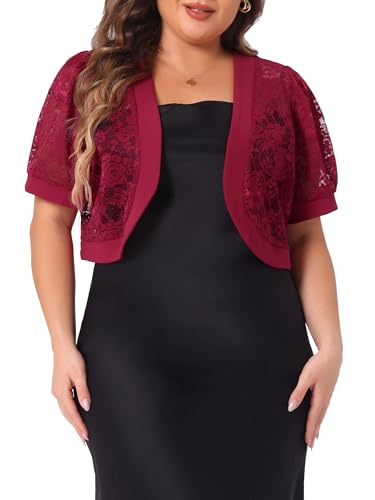 Image of Agnes Orinda Plus Size Cropped Cardigans for Women Open Front Short Sleeve Floral Lace Sheer Bolero Shrugs for Dresses