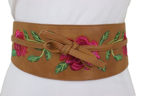 Women Black Tie Fashion Belt - Wrap Around Faux Leather Wide Waistband Flower Kimono S M3